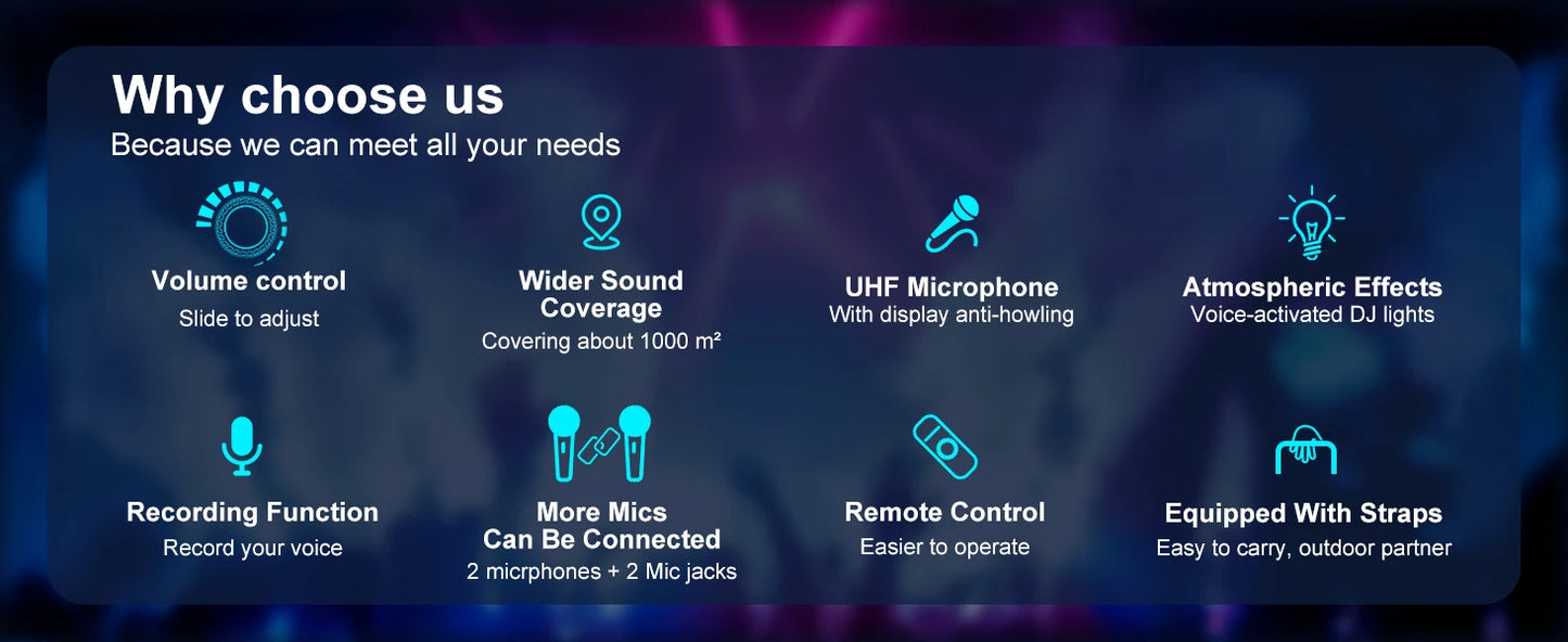 Wireless Bluetooth Speaker, Karaoke Machine with 2 Microphone, Home Karaoke System with LED Party Light, Remote Control