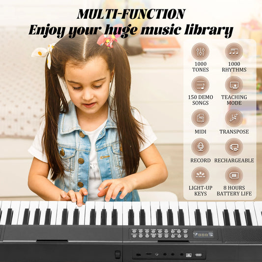 Portable Piano Foldable Piano 61 Keys Portable Keyboard Piano 1000 Tones 150 Demo Songs Folding Electronic Keyboard Piano Black