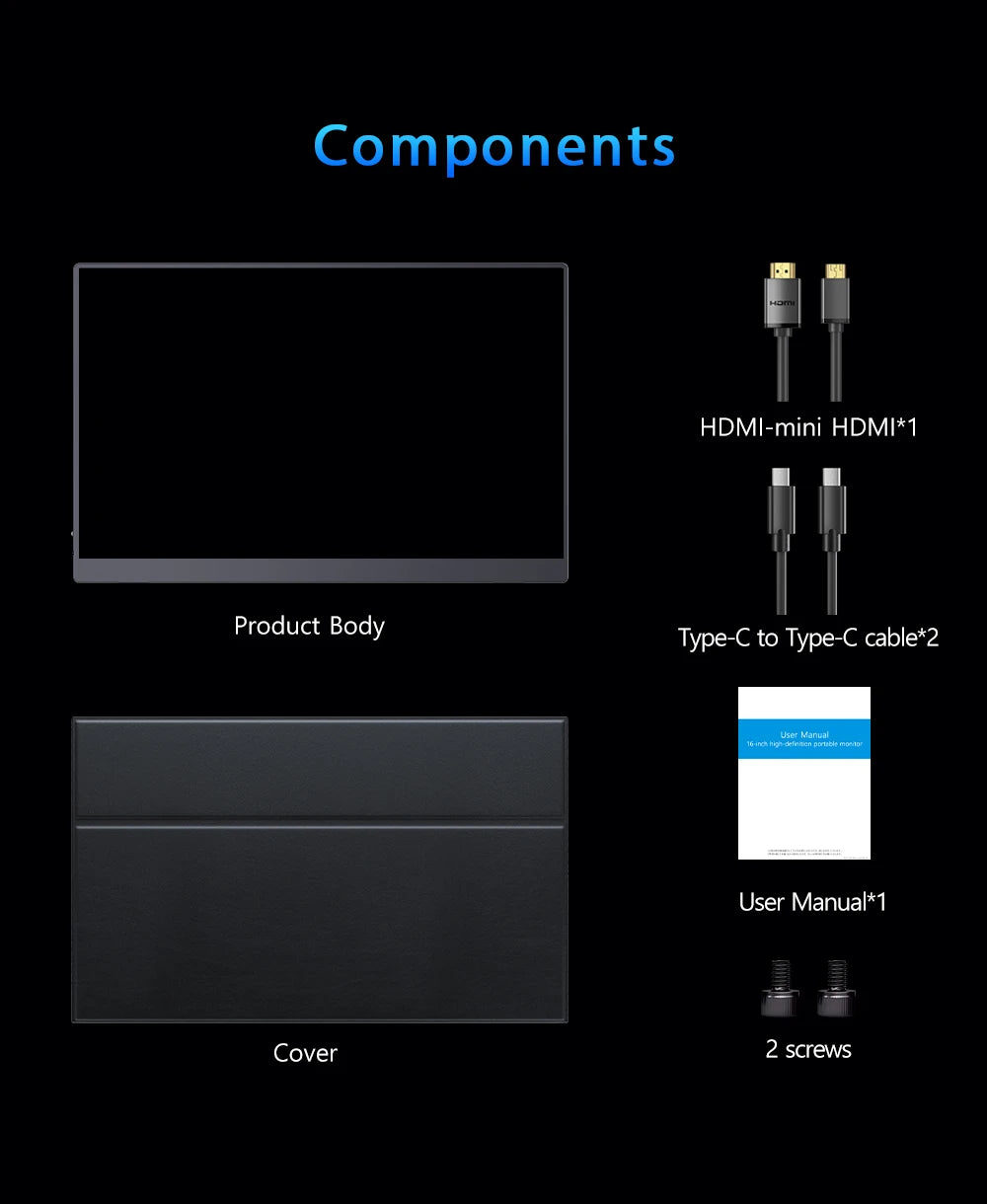 UPERFECT 2.5K Portable Monitor 16 Inch 2560x1600 100%sRGB IPS HDR USB-C HDMI Second Laptop Computer Gaming Display Travel Screen