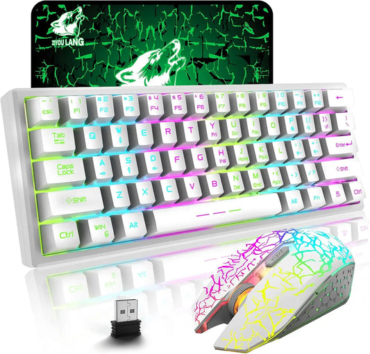 T61 Wireless Gaming Keyboard and Mouse Combo, Ergonomic 61 Key Rainbow LED Backlight Rechargeable 4000mAh Battery Mouse Pad
