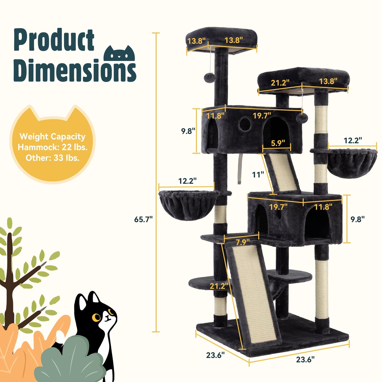 HOOMIC 65in Multi-Level Large Cat Tree Tower/Cozy Plush Cat Perches/Cat Condo with Baskets/Sisal Scratching Post Allewie