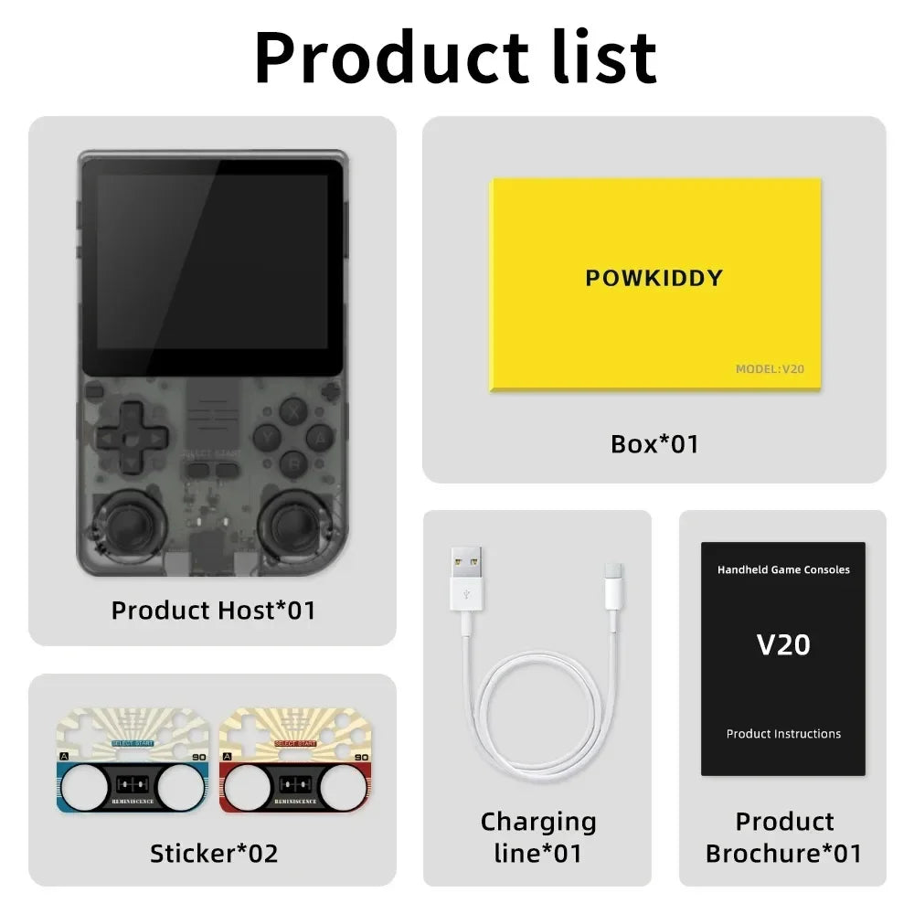 POWKIDDY V20 128G Retro Handheld Game Console with A133Plus Chip 5000mAh Battery 3.5 Inch IPS HD Screen and Gift Retro Stickers
