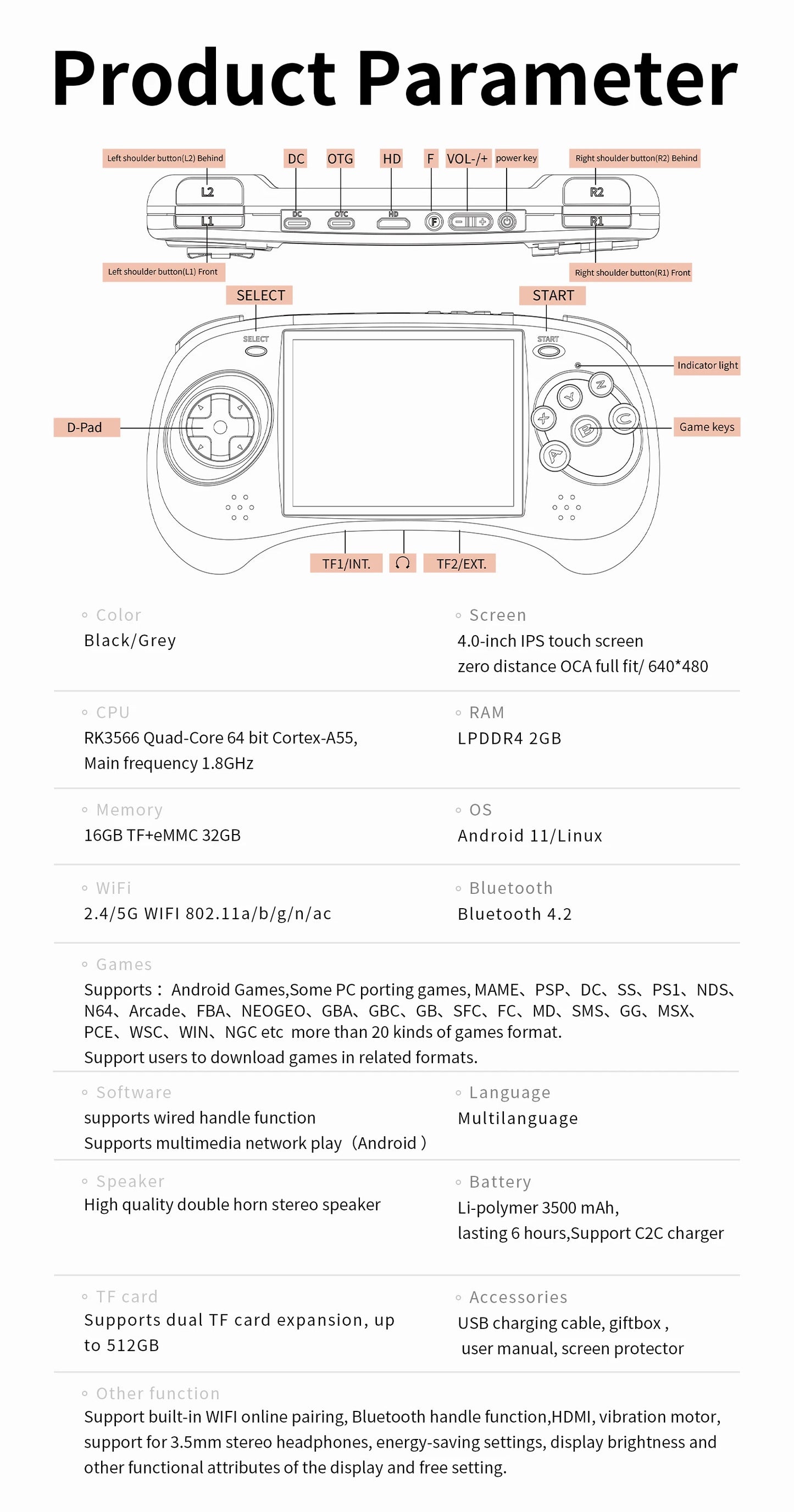 ANBERNIC RG ARC Retro Games RK3566 4.0INCH 640*480 Handheld Game Console Emulator LINUX Android System 3500mAh Children's Gifts