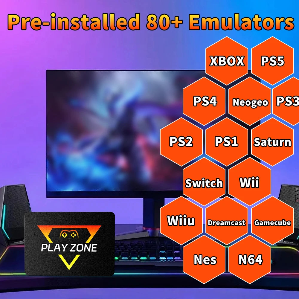 Portable Retro Gaming SSD 80+Emulators for PS5/PS4/PS3/PS2/XBOX One/SWITCH/WII/DC 16191 Games Launchbox＆Retrobat＆Playnite for PC