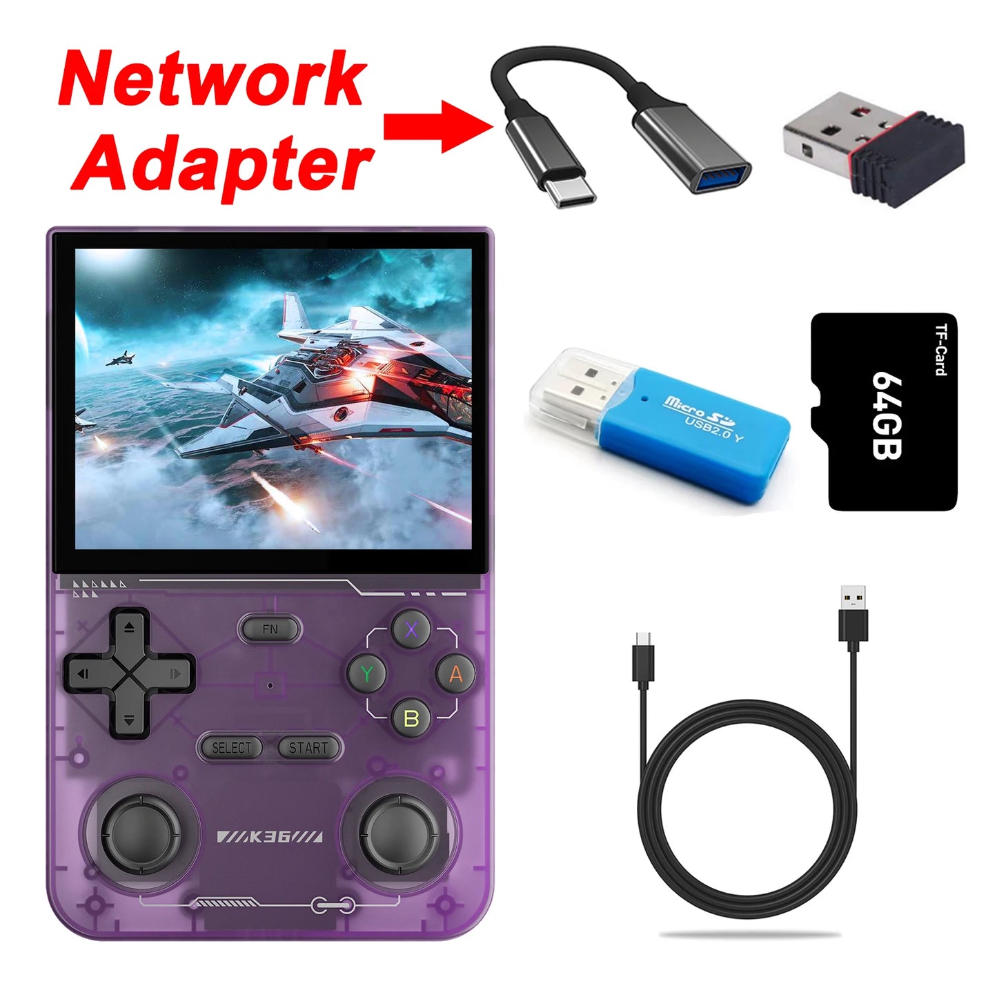 GAMINJA K36 Handheld Game Console 3.5Inch IPS 640x480 Screen Built in 64GB Card Support Two Game Consolesto Play Together Online