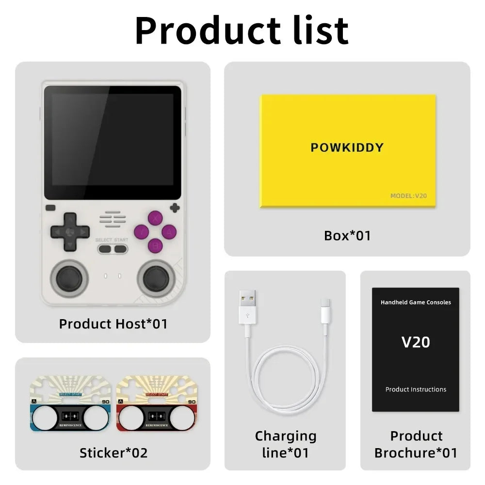POWKIDDY V20 128G Retro Handheld Game Console with A133Plus Chip 5000mAh Battery 3.5 Inch IPS HD Screen and Gift Retro Stickers